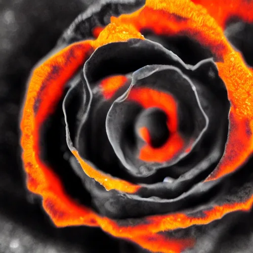 Image similar to award - winning macro of a beautiful black rose made of glowing molten magma