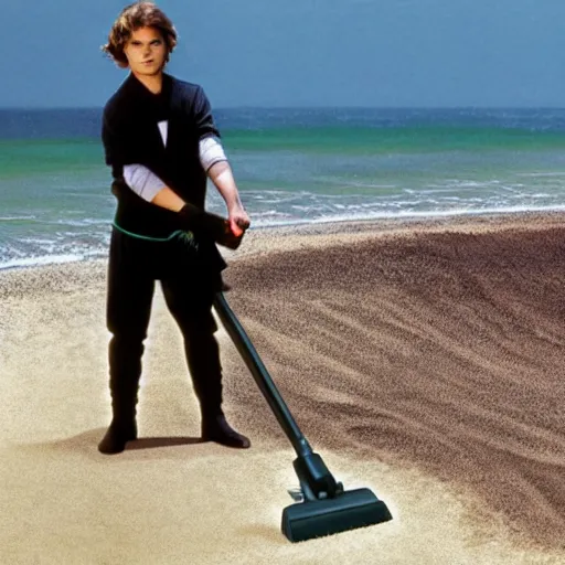 Image similar to anakin skywalker vacuuming the beach to remove sand