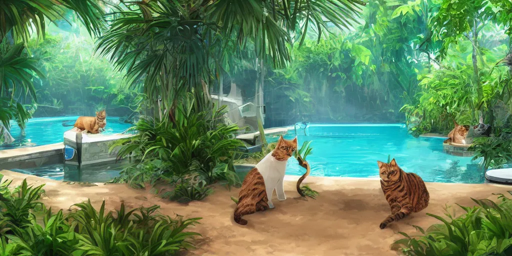 Prompt: swimming pool in the middle of the jungle a 'cat and a dog superdetailed' , empty beach chair , highly detailed, digital painting, artstation, concept art