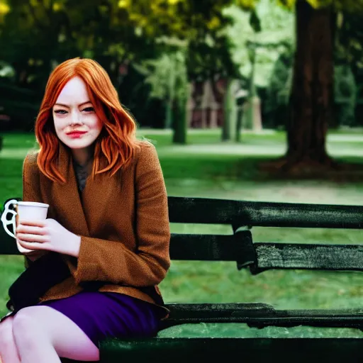 Image similar to Emma Stone sitting on a bench and drinking coffee in a park filled with trees, sharp focus, highly detailed, 4K, colorful, portrait photography, medium shot