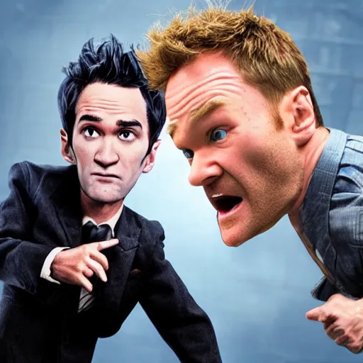 Image similar to Neil Patrick Harris fighting Josh Radnor, concept art, highly detailed, photo realistic