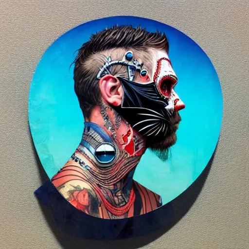 Prompt: a portrait of a back man with side profile blood in ocean intricate details :: side profile :: futuristic mask :: by vikings and Sandra Chevrier