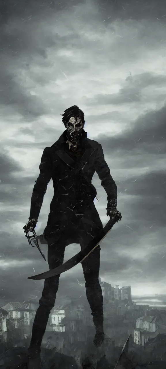 Prompt: portrait of corvo attano standing in a menacing fight stance on a met scrap hill, holding a fold blade in his left hand, dunwall city behind him, grey color palette, cinematic lighting, depressive atmosphere, sharp focus, dishonored wallpaper 4 k, backlit, dishonored 1 wallpaper, hard focus, full body shot, cinematic