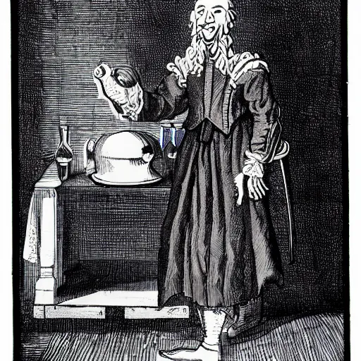 Image similar to a 17th-century alchemist who has 2 bubbling potion bottles :: black and white, head and torso drawing, very high quality, concept art