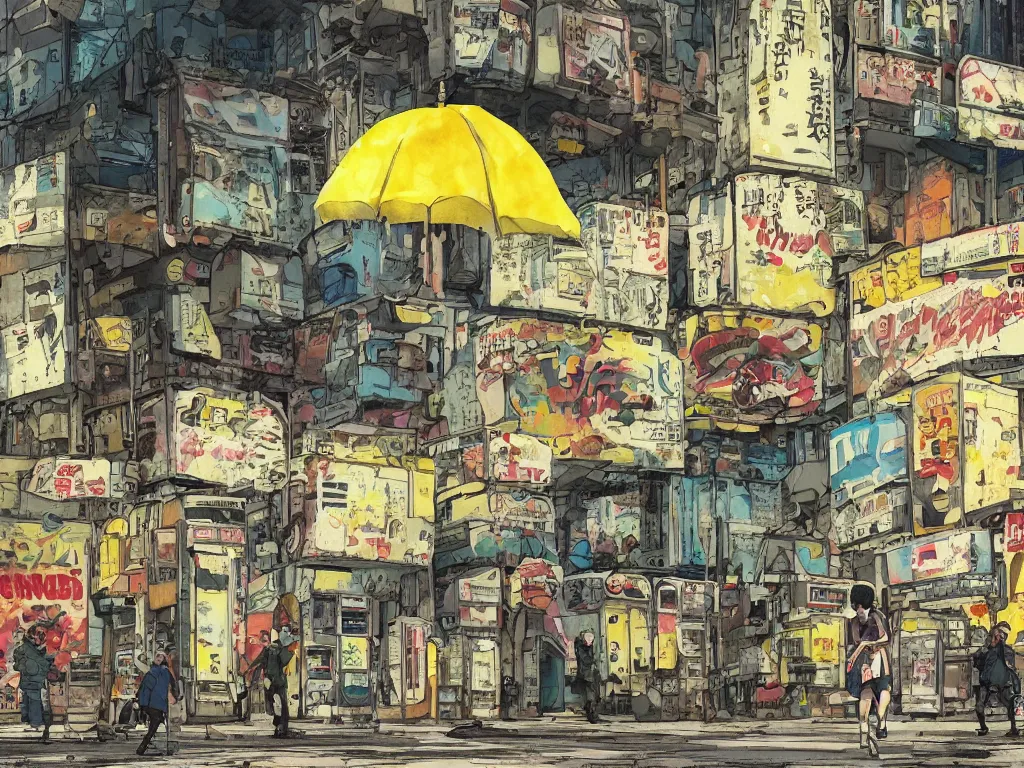 Image similar to incredible wide screenshot, ultrawide, simple watercolor, rough paper texture, ghost in the shell movie scene, backlit distant shot of girl in a parka running from a giant robot invasion side view, yellow parasol in deserted dusty shinjuku junk town, broken vending machines, bold graphic graffiti, old pawn shop, bright sun bleached ground, mud, fog, dust, windy, scary robot monster lurks in the background, ghost mask, teeth, animatronic, black smoke, pale beige sky, junk tv, texture, brown mud, dust, tangled overhead wires, telephone pole, dusty, dry, pencil marks, genius party,shinjuku, koji morimoto, katsuya terada, masamune shirow, tatsuyuki tanaka hd, 4k, remaster, dynamic camera angle, deep 3 point perspective, fish eye, dynamic scene