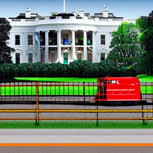 Image similar to a boring machine parked in front of the white house, photorealistic, high definition