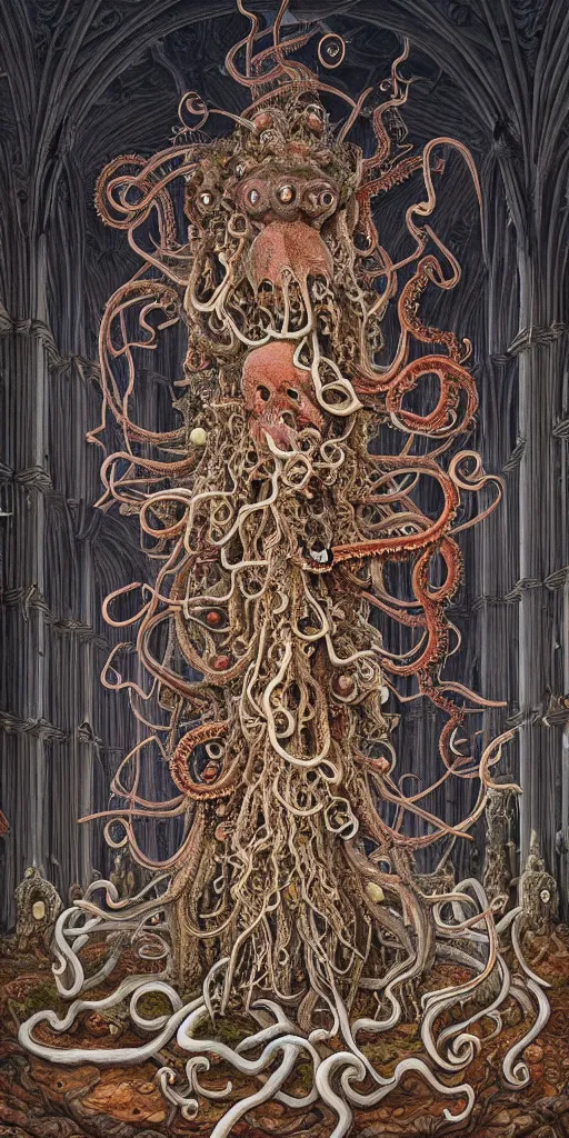 Prompt: group of mankind mages with octopus heads with jellyfish inside an ancient mage castle hall colossal scale, gothic and baroque, brutalist architecture, ultradetailed, Intricate by James Jean and Josan Gonzalez and John Howe and Giuseppe Arcimboldo