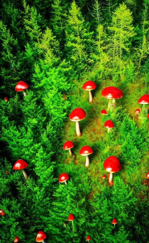 Image similar to looking down at trippy enchanged forest with large psychedelic mushrooms