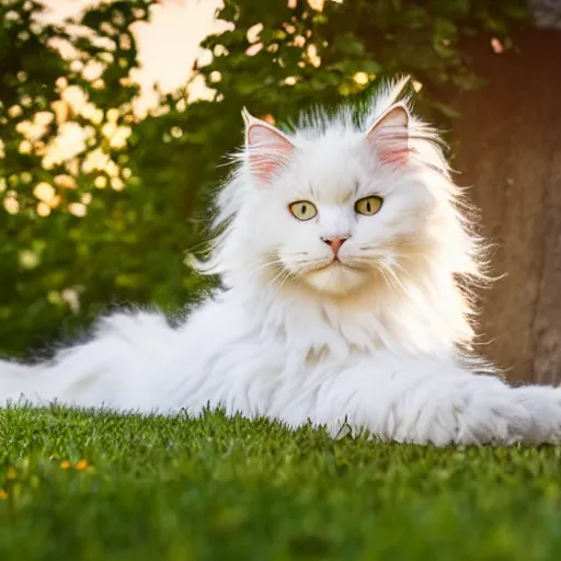 Image similar to a cute white fluffy maine coon cat sitting on the corner of a front yard outside in the late afternoon on a beautiful summer day, sunset