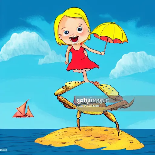 Image similar to cartoon of little girl raiding on top of huge monster crab on the beach.