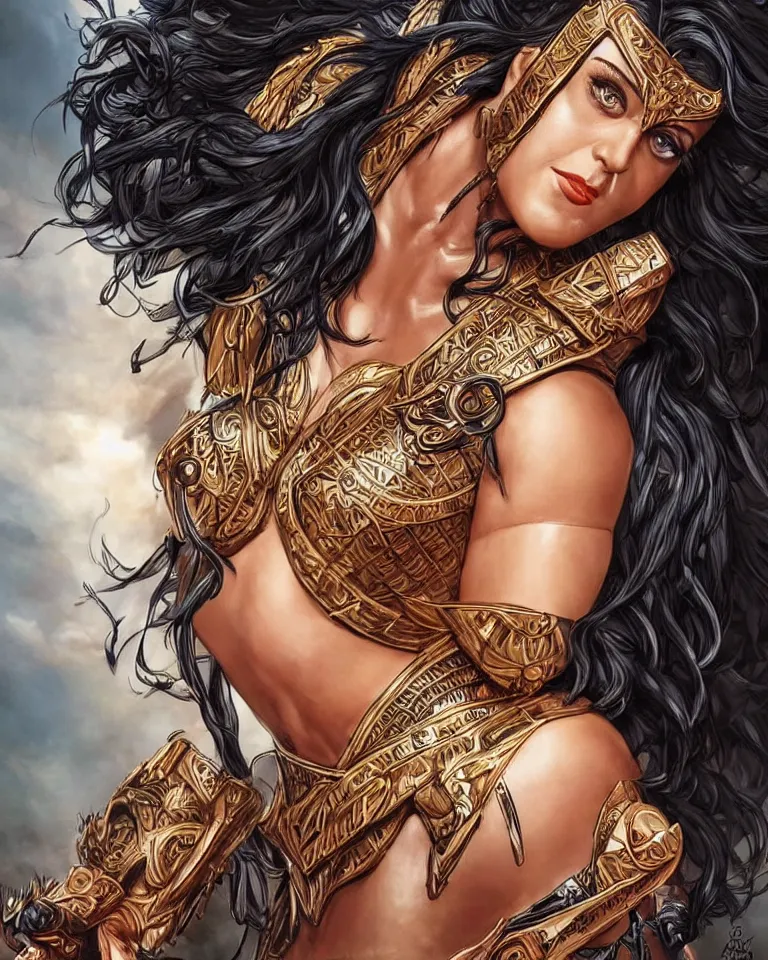 Image similar to katy perry as an amazon warrior, a tall beautiful woman with brown skin and long hair, dressed in hellenistic body armor, intricate, elegant, highly detailed, smooth, sharp focus, detailed face, art by ardian syaf