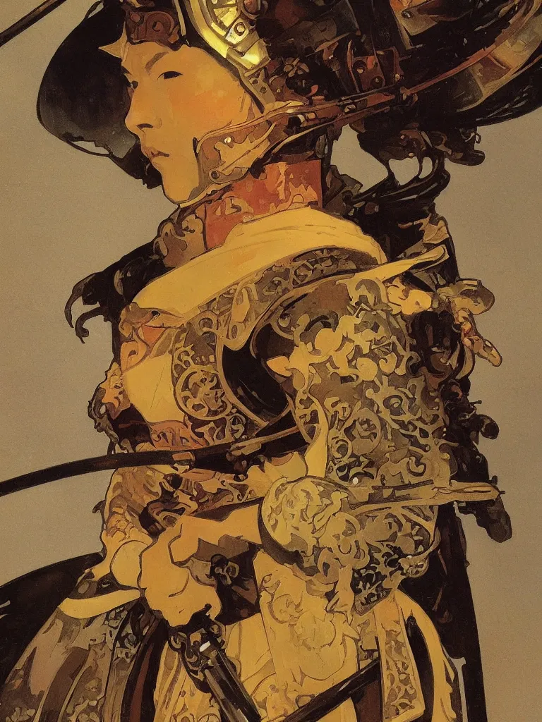 Image similar to close up of a samurai in full armor, by fiona staples, alphonse mucha, greg manchess