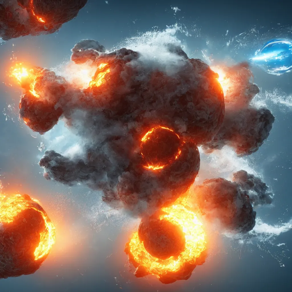 Image similar to two characters clashing & fighting over sphere of planet earth, one side water & Waterspouts & one side fire & volcano, octane render, future