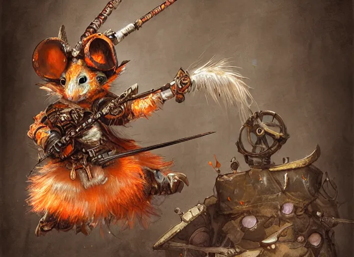 Image similar to ashigaru steampunk feathered mouse, colorful plumage, lacquered armor, polearm glaive, cute but determined, hard focus, art station, by jessica rossier and brian froud, cinematic, orange grey white