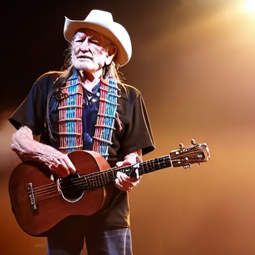 Image similar to willie nelson on stage, guitar. god rays through fog.