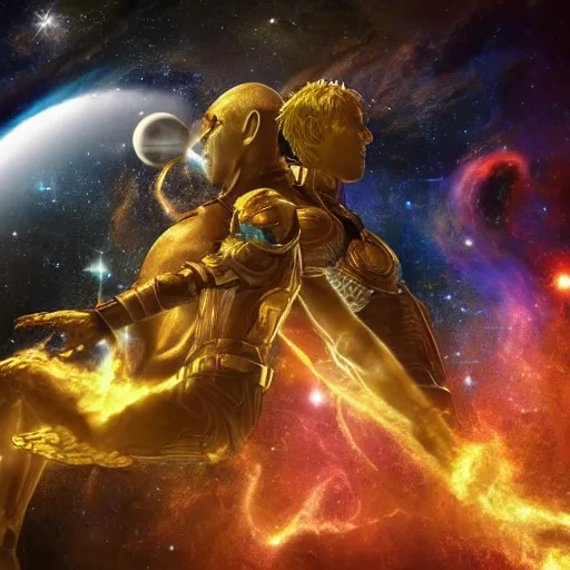 Image similar to the relentless battle between the guardians of space of time both of which are clothed with golden chains and galactic fog and a background overseeing the universe