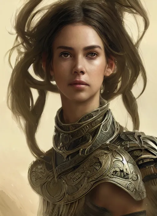 Image similar to a professional portrait of a beautiful young female, clothed in ethereal battle armor, olive skin, long dark hair, beautiful bone structure, symmetrical facial features, intricate, elegant, digital painting, concept art, smooth, sharp focus, finely detailed, illustration, from Valerian and the City of a Thousand Planets, in the style of Ruan Jia and Mandy Jurgens and Artgerm and Greg Rutkowski and William-Adolphe Bouguerea