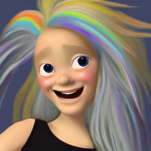 Image similar to a painting of an angel, a young woman with long blond hair and a halo smiling in heaven, wearing a black top and gray multi - color dress, pixar, animated