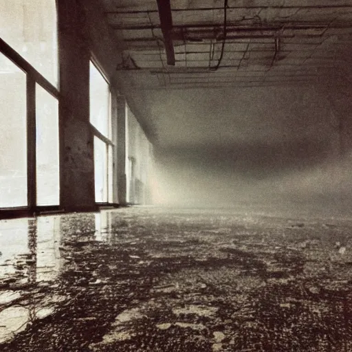 Image similar to Beautiful cameraphone 2000s, liminal soft Photograph of foggy abandoned Store with water on the floor