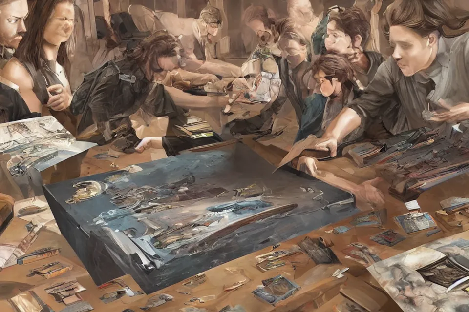 Image similar to a people trying to grab a masterpiece book on a table, sci-fi style, concept art