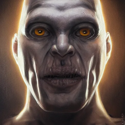 Prompt: Face of a pale alien cultist, intimidating man, large black fish eyes, high forehead, smooth waxy skin, slick clammy skin, ominous, eldritch. oil painting by nuri iyem, james gurney, james jean, greg rutkowski, highly detailed, soft lighting, chiaroscuro