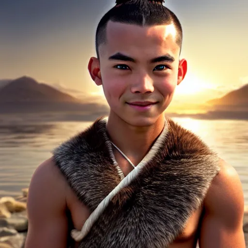 Image similar to beautiful serene intricate photograph of sokka from the water tribe as an inuit young man, dark hair, light blue eyes, smiling softly, relaxing on the beach, golden hour, soft focus, 8 k, art by irakli nadar, hyperrealism, hyperdetailed, ultra realistic