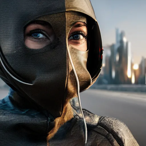 Image similar to photograph of a techwear woman, closeup, on a desert road with a futuristic city in the horizon, sigma 85mm f/1.4, 4k, depth of field, high resolution, 4k, 8k, hd, full color