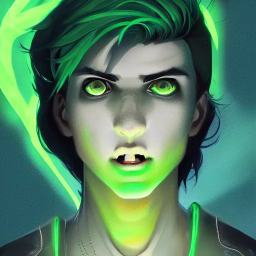 Image similar to a digital matte intricate face illustration concept art of young danny phantom with glowing green eyes cute fangs alt art fashion inspired art by charlie bowater and wlop and mark arian and ross tran + neon colors, symmetry, intricate complexity, epic composition, magical atmosphere, highly detailed, cinematic lighting + masterpiece, trending on artstation + 8 k