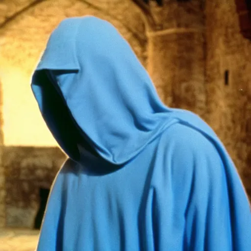 Prompt: man with a light blue hood in a dark medieval castle, 1 9 9 1, movie still