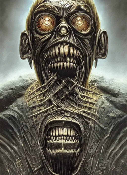 Prompt: sinister iron maiden eddie portrait, powerslave, intricate artwork masterpiece, ominous, matte painting movie poster, golden ratio, trending on cgsociety, intricate, epic, trending on artstation, by artgerm, h. r. giger and beksinski, highly detailed, vibrant, production cinematic character render, ultra high quality model