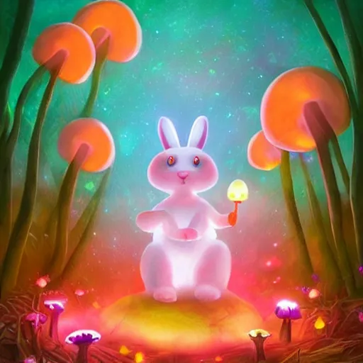 Image similar to a glowing luminous bunny surrounded by luminous pink orange yellow flowers and mushrooms in an enchanted forest trending on artstation hdr instagram photo fantasy art