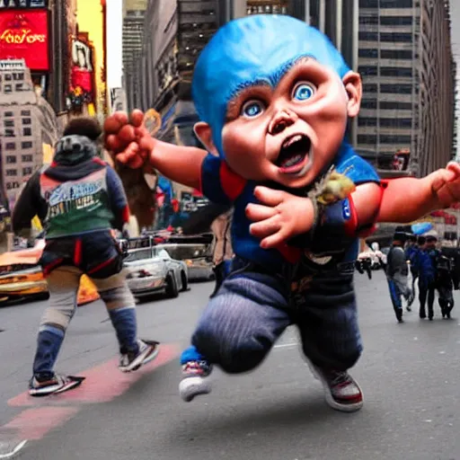 Image similar to giant chucky doll attacking new york city and causing destruction, people running in terror