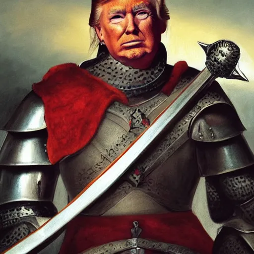 Prompt: donald trump wearing knights armor, holding one broadsword, by hans holdein, donald trumps highly detailed handsome face, two arms, two legs