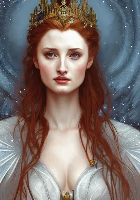 Image similar to sansa angeline jolie gessica chastain snow queen, intricate, elegant, highly detailed, digital painting, artstation, concept art, smooth, sharp focus, illustration, art by artgerm and greg rutkowski and alphonse mucha and william - adolphe bouguereau