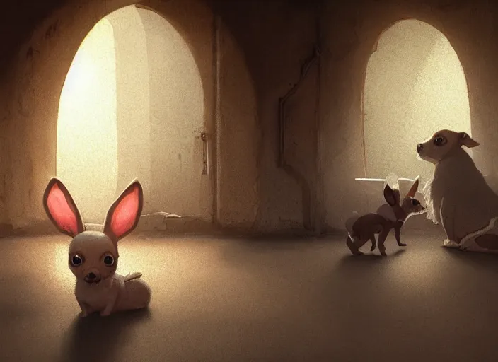 Image similar to a key shot of chihuahua looking at bunny animation at mid-day, medium shot, waist up, studio Ghibli, Pixar and Disney animation, sharp, key art by Greg Rutkowski, dramatic lighting, flat texture