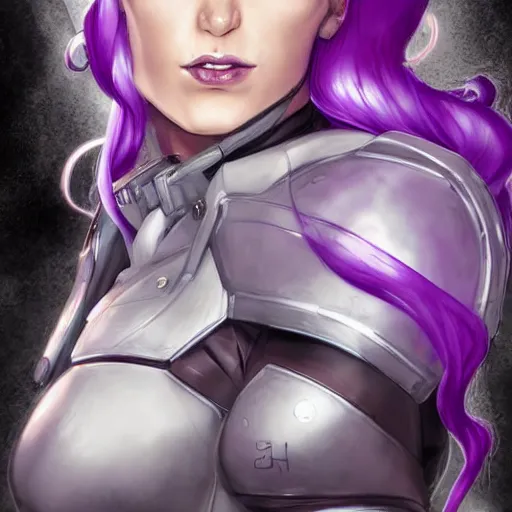 Prompt: extreme close up portrait, pale woman with flowing purple hair in rusty sci - fi power armor, high detail, eyepatch, stoic, elegant, muscles, powerful, commanding, by stjepan sejic, sunstone, dc comic, marvel comic