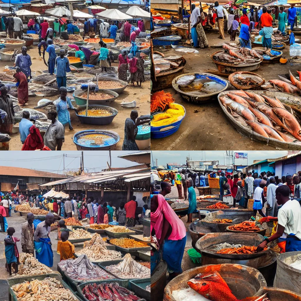 Prompt: a busy fish market in africa