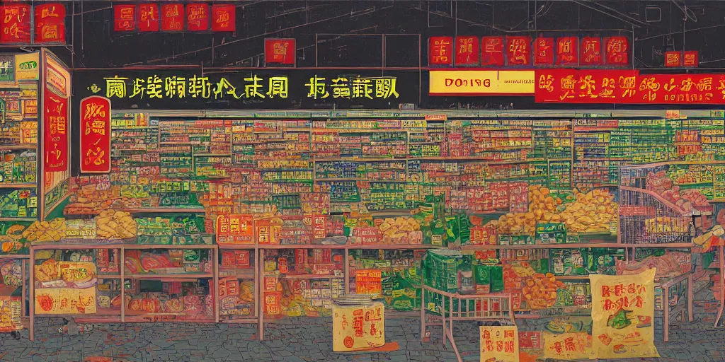 Image similar to a supermarket in hong kong, by dan mumford and peter doig and edward hopper, minimal, black in, thick lines highly detailed, muted colours, overlaid with chinese adverts, 8 k