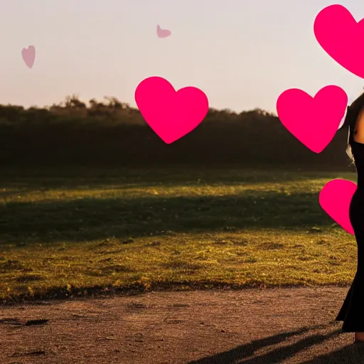 Prompt: Mila Kunis silhouette posing in front of a camera with cute pink hearts floating in the air, Canon EOS R3, f/1.4, ISO 200, 1/160s, 8K, RAW, unedited, symmetrical balance, in-frame