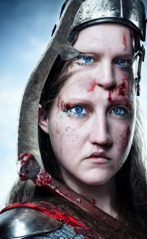 Prompt: photorealistic portrait of female viking warrior with black hair and bloody nose, blue eyes, porcelain skin, shoulders, determined