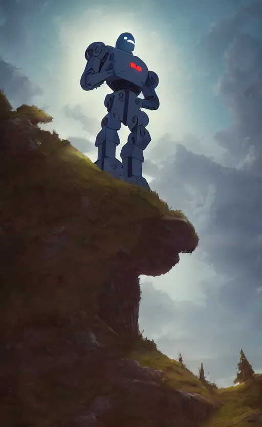 Image similar to iron giant standing near his farm, dynamic lighting, photorealistic fantasy concept art, trending on art station, stunning visuals, creative, cinematic, ultra detailed