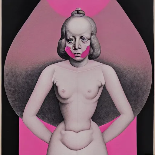 Image similar to pink and white lithography on paper conceptual figurative ( post - morden ) monumental dynamic portrait drawn by hogarth and escher and francis bacon, inspired by goya, illusion surreal art, highly conceptual figurative art, intricate detailed illustration, controversial poster art, polish poster art, geometrical drawings, no blur