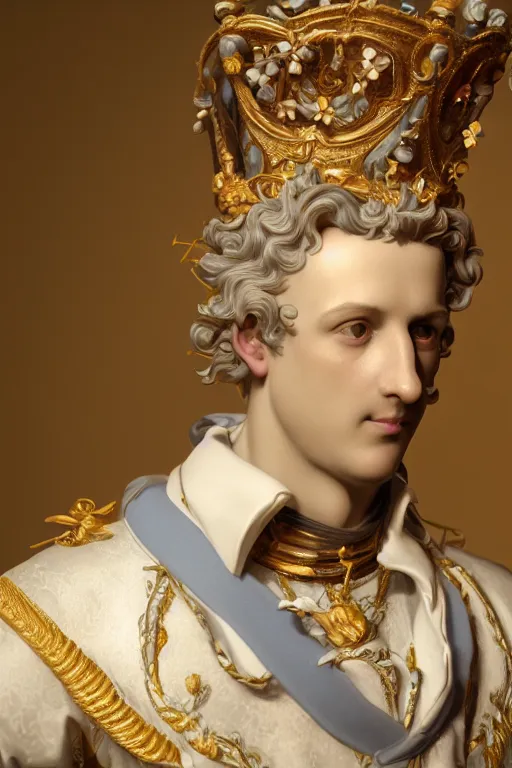 Image similar to a realistic porcelain rococo style bust of handsome young Spanish prince with colored pipecleaners for a crown and suspended in outer space, photorealism, octane render, depth of field, 8k, 35mm, artgem, Trending on artstation