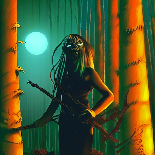 Image similar to iron maiden in the dark forest by ilya kuvshinov, zemyata hd 8k