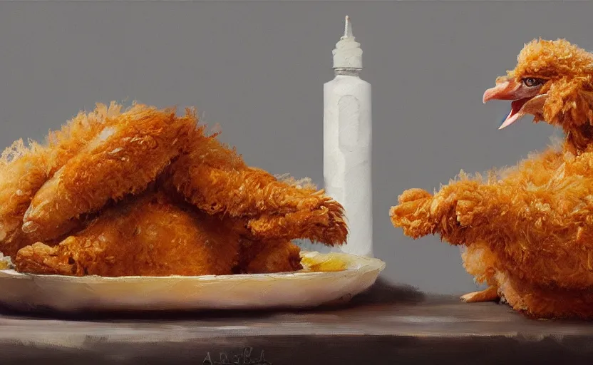 Prompt: a painting of forbidden fried chicken trending on artstation in the style of greg rutkowski, fried, chicken, kfc, puppies, dog, golden doodle