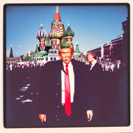 Image similar to vintage Polaroid of Trump vibin' on red square