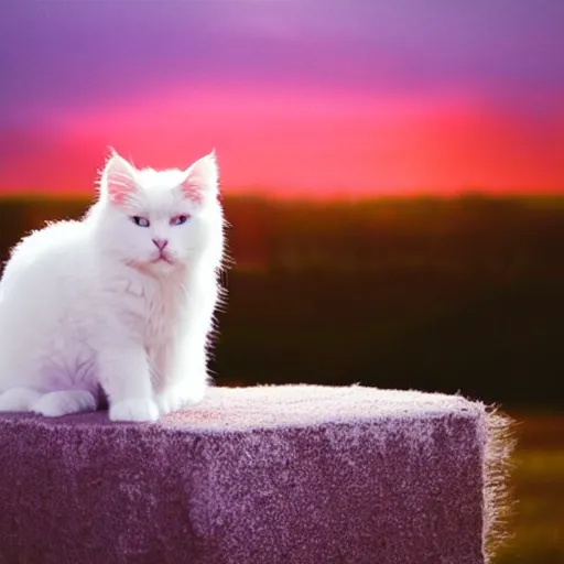 Prompt: a white fluffy cat sitting on a light purple cloud, pastel pink sky, beautiful lighting, magical