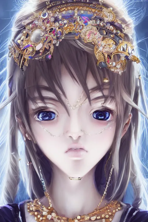 Image similar to beautiful very detailed portrait of anime girl with lots of jewelry in the face, full body, in the background there is a minimalistic palace, digital art , dramatic cinematic lighting rendered by octane, 8k, detailed, intricate, clean and textures, trending on artstation, treanding on deviantart, trending on cgsociety, pinterest, by Lauren Brevner + FRANS SMIT