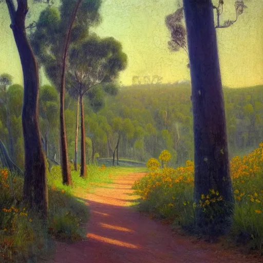 Image similar to a painting of a dirt road surrounded by eucalyptus trees and california golden poppies, woodland hill in the distance. an oil painting by Julian Onderdonk, green orange violet triadic color palette, featured on deviantart, australian tonalism, pre-raphaelite, impressionism, detailed painting