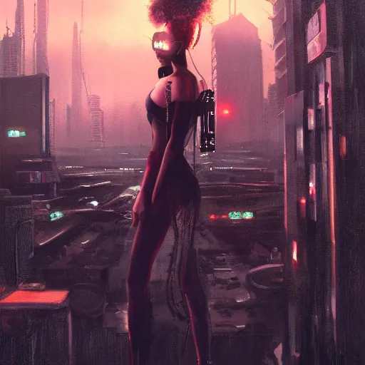 Image similar to molly millions, portrait of a young beautiful cyberpunk woman, mirror eye implants, black hair in a rough shag, street samurai, sunset, neuromancer, cyberpunk city background, megacity, gorgeous view, depth, painted by seb mckinnon, high detail, digital art, painted by greg rutkowski, trending on artstation